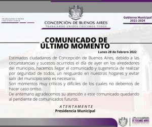 Lanzan alerta de seguridad en municipio de Concepción de Buenos Aires 