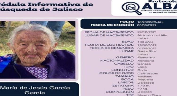 Piden ayuda para encontrar a mujer de 100 años en Jalisco